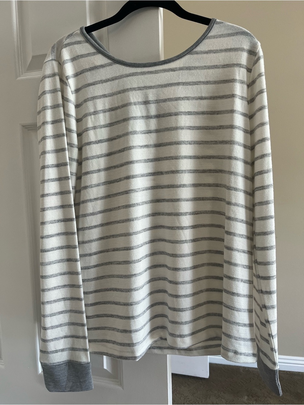 Staccato Striped Knit Top — White & Light Gray with tie in back